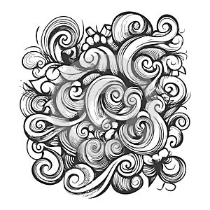 Intricate Swirling Floral Design, Black and White Hand Drawn Illustration photo