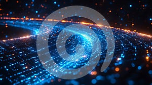 Abstract swirling blue data stream, dark background, digital technology