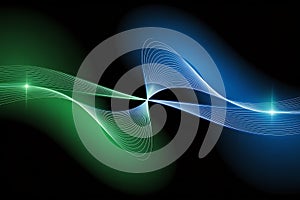 Abstract swirling green and blue light waves intertwining in darkness, AI Generated