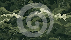 Abstract swirling green patterns resembling camouflage. Concept of nature, concealment, military design, and fluidity