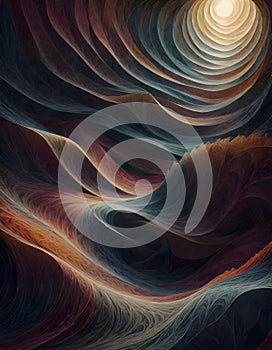 Abstract swirling, layered patterns with a gradient of dark to light colors, creating a tunnel like effect, Generative AI