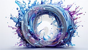 Abstract swirling ring of vibrant liquid splashes in blue and purple