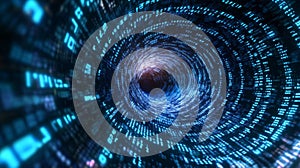 Abstract swirling tunnel of digital code data stream