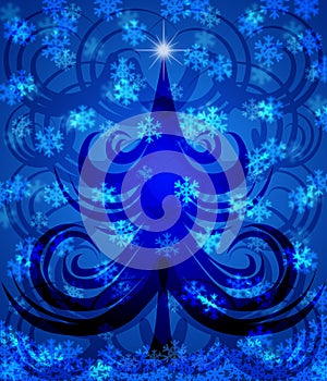 Abstract Swirls Christmas Tree on Blue Background