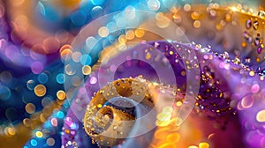Abstract swirls in Mardi Gras colors with sparkling confetti, creating a dynamic and festive background