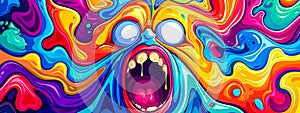 Abstract swirls of vivid colors with a cartoonish face in a state of shock or surprise.