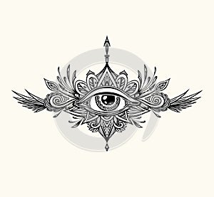 Abstract symbol of All-seeing Eye in Boho style for tattoo black on white
