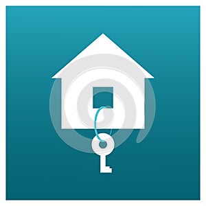 Abstract symbol of a house with a key in the form of a logo on a blue gradient background. Icon for sale, rental of houses.