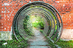 Abstract symbolic portal or passage in brick wall made of metal circular bars