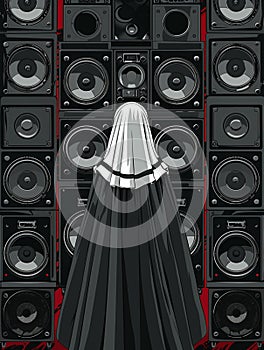 Abstract symmetrical representation of black techno raver nun, black club speakers