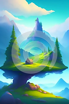 Abstract tale illustration. Mountain panorama with a blue scenic foggy sky