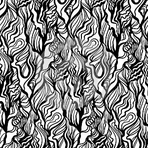 Abstract tangled leaves seamless pattern. Black and white wavy striped background. Endless backdrop. Vector illustration