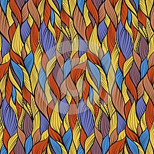 Abstract tangled leaves seamless pattern. Colorful wavy striped background. Endless backdrop. Vector illustration