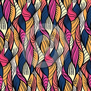 Abstract tangled leaves seamless pattern. Colorful wavy striped background. Endless backdrop. Vector illustration