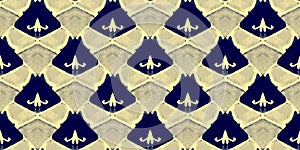 Abstract Tapestry Rapport. Royal Blue Seamless Wallpaper. Indigo Golden Baroque Design. Geometric Brocade Texture. Fashion Textile