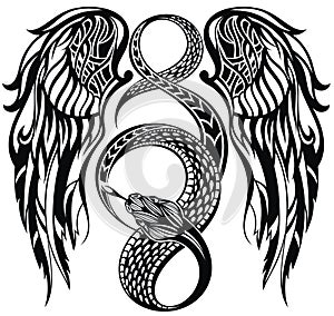 Abstract tattoo snake and wings on a white background..Vector illustration