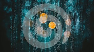 Abstract Teal Background with Code and Bokeh Lights Digital Data Stream Overlay