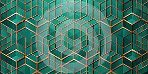 Abstract teal and gold geometric cube pattern background. Generative AI