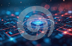 Abstract tech background. Digital circuit board, central processor unit CPU. Microchip, data streams, connection, lines. Cyber