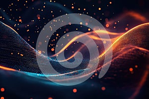 Abstract tech background. Digital wave particles form glowing patterns. Futuristic, dynamic design. Dynamic glowing particles