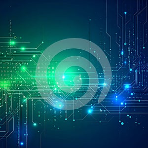 Abstract tech background featuring a circuit board design with glowing lines, nodes, and binary code elements in green and blue.
