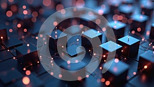 Abstract tech background with interconnected dark cubes. Digital network structure with glowing nodes and lines. Concept of data