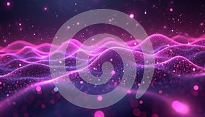 Abstract tech background with waves in purple, pink neon colors. Digital cyberspace, data flow, internet network connection
