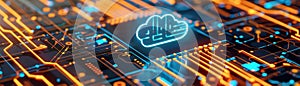 Abstract tech design featuring a luminous digital cloud and vibrant neon circuitry