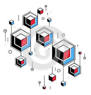 Abstract tech geometric vector background over dark, connected cubes technology network or science theme, digital system