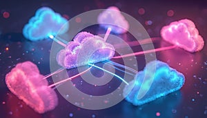 Abstract tech illustration of cloud computing concept. Data sharing across multiple cloud servers. Connection, network of digital