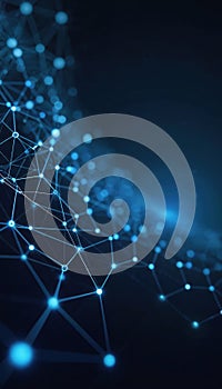 Abstract tech illustration of glowing connection dots and lines on dark blue background. Visualization of network data