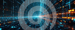 Abstract tech illustration shows digital data flow visualization. Futuristic design features lines dots and light effects.