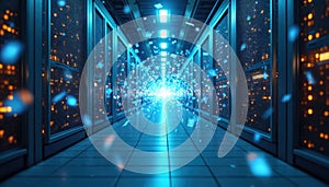 Abstract tech image of server room with glowing lights. Data center with computer servers for data storage. Futuristic design