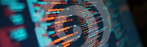 Abstract tech programming code on screen. Software development, coding script on monitor, data analysis. Concept of cyberspace,