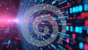 Abstract tech wallpaper. Digital code data streams backdrop in blue, red colors. AI cyberspace programming, information