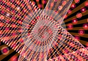 Abstract techno background with spirals and rays with glowing particles.