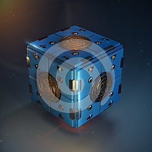 Abstract techno cube object. blue metal box with shiny polished detail clockwork in center of each face. dieselpunk 3d