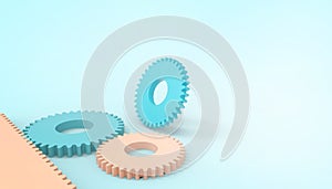 Abstract techno Engine gear wheels Toy , industrial Concept card on pastel blue background for copy space
