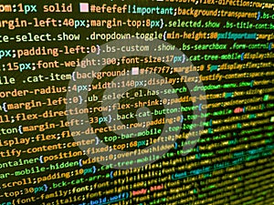 Abstract technological background with digits and lines. Code on dark background. Web developer programmer monitor screen display