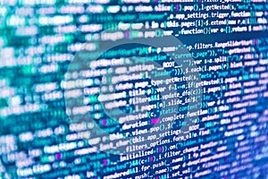 Abstract technological background with digits and lines. Computer script coding source code on desktop monitor. Software