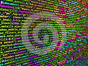 Abstract technological background with digits and lines. Web developer programmer monitor screen display. Abstract source code