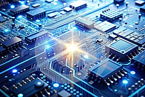 Abstract Technological Background Made of Different Element Printed Circuit Board and Flares Blue Color photo