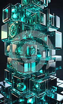 abstract technological background made of glass cubes green, red, blue