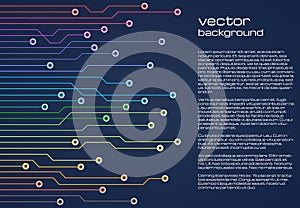 Abstract technological blue background with colorful elements of the microchip. Circuit board background texture.