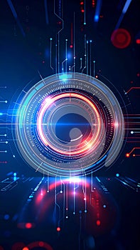 Abstract technological circular interface with glowing data streams and circuit board elements