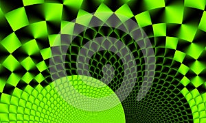 Abstract technological pattern with green geometric blurred rhombuses arranged in a spiral. Cosmic background