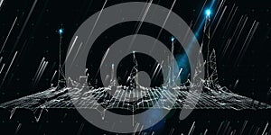 Abstract technology background with analytical  wireframe and blurred lines on dark. Visual presentation of analytics digital