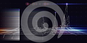 Abstract technology background with analytical  wireframe on dark. Visual presentation of analytics digital algorithms. Computing