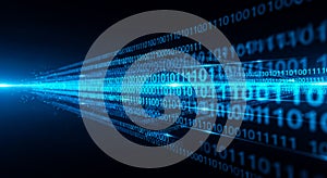 Abstract technology background with blue binary code stream for concept of big data, cybersecurity, or internet
