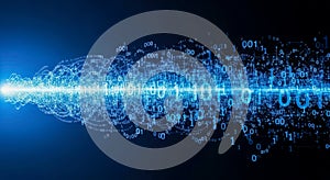Abstract technology background with blue binary code stream for concept of big data, cybersecurity, or internet